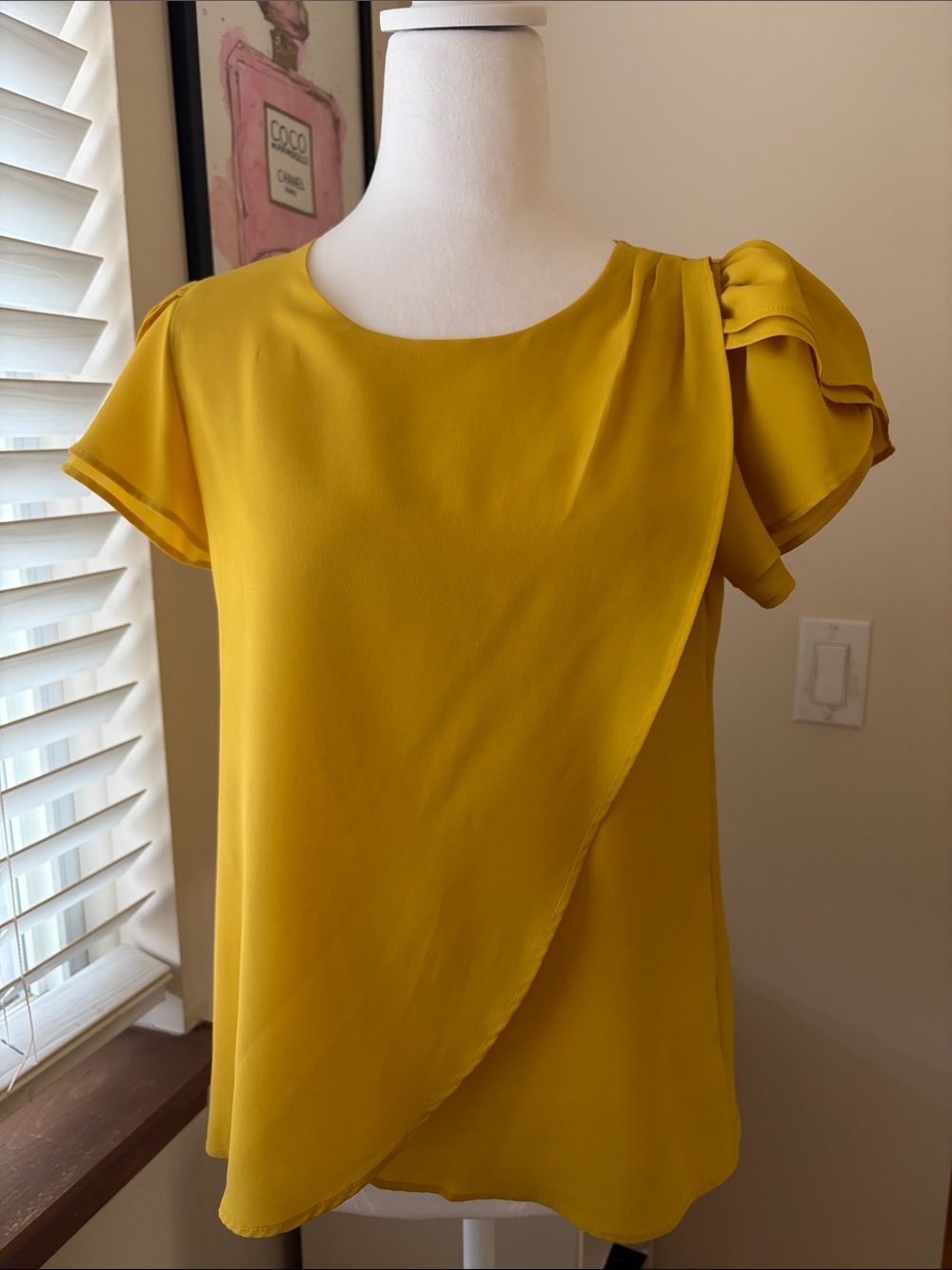 BCBGeneration Mustard Yellow Draped Short-Sleeve Blouse